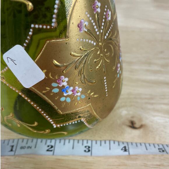 Vintage Signed Moser Art Glass Long Neck Vase Green Gold Gilt Good Condition - Picture 9 of 11